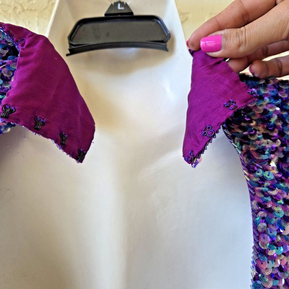 RARE CACHE Vtg 80s Purple Silk Sequin Gown Dress 10 Pageant Dynasty Angel Winged - Picture 8 of 16